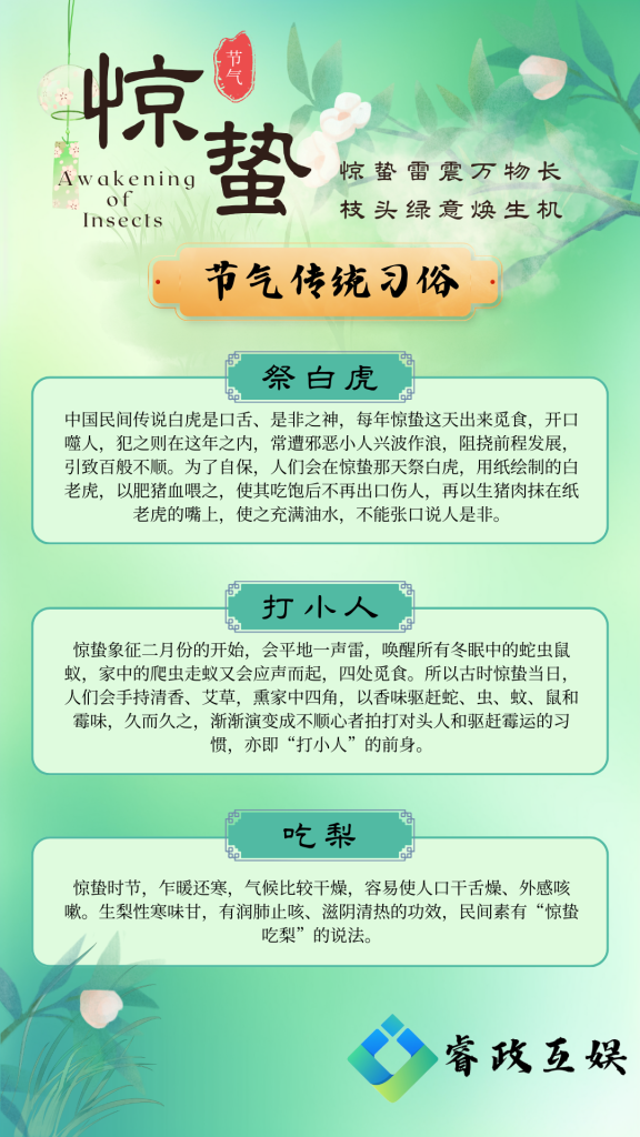 绿渐变传统国风节气惊蛰传统习俗手机海报